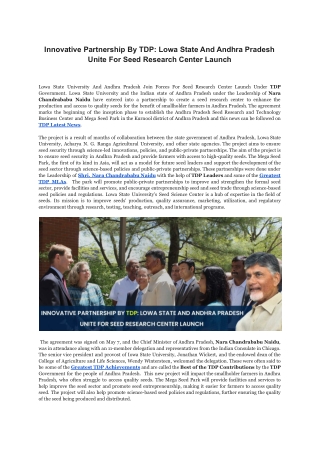 Innovative Partnership By TDP_ Lowa State And Andhra Pradesh Unite For Seed Research Center Launch