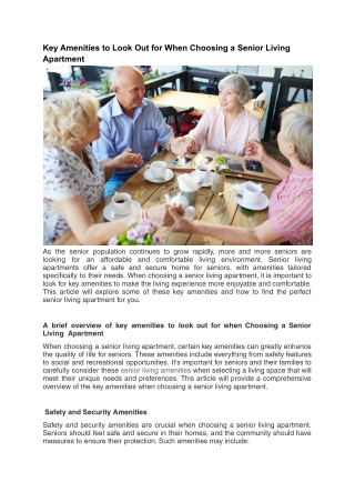 Key Amenities to Look Out for When Choosing a Senior Living Apartment