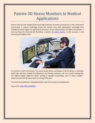 Passive 3D Stereo Monitors In Medical Applications