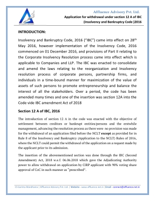 Application for withdrawal under section 12 A of IBC