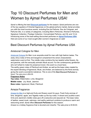 Top 10 discount perfumes for men and women by Ajmal Perfumes USA