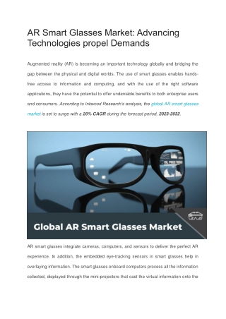 AR Smart Glasses Market: Advancing Technologies propel Demands