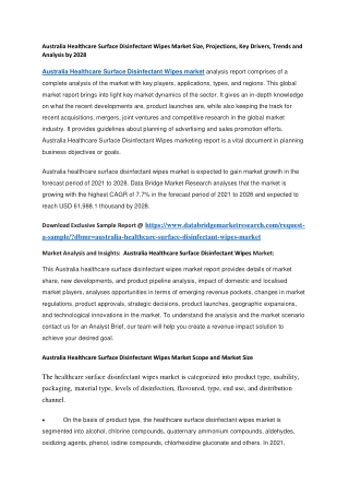 Australia Healthcare Surface Disinfectant Wipes Market Size, Projections, Key Drivers, Trends and Analysis by 2028
