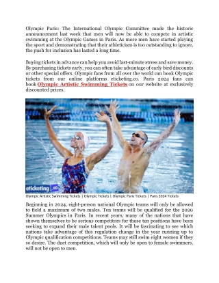 Olympic Paris For the first time males eligible to compete in Olympic Artistic Swimming competition