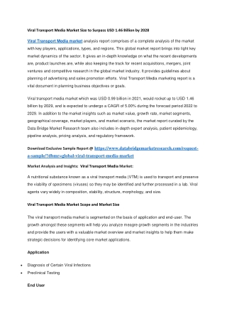 Viral Transport Media Market Size to Surpass USD 1.46 Billion by 2028
