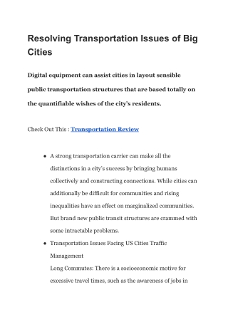 Resolving Transportation Issues of Big Cities