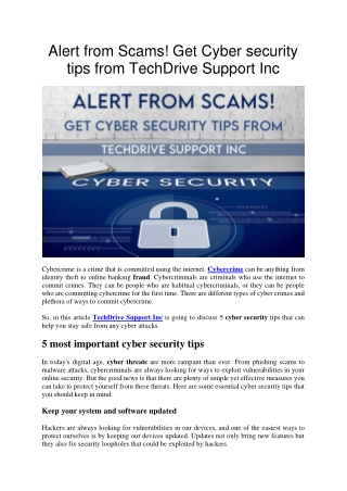 Alert from Scams! Get Cyber security tips from TechDrive Support Inc