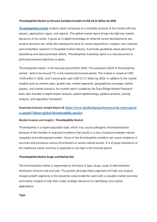 Thrombophilia Market to Perceive Excellent Growth of USD 24.21 Billion by 2030