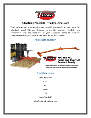 Adjustable Panel Lift | Triadmachines.com