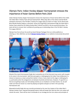 Olympic Paris India Hockey skipper Harmanpreet stresses the importance of Asian Games Before Paris2024