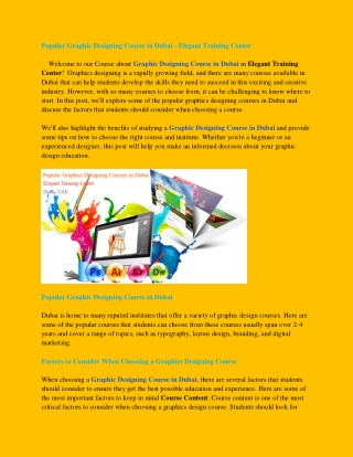 Popular Graphic Designing Course in Dubai - Elegant Training Center