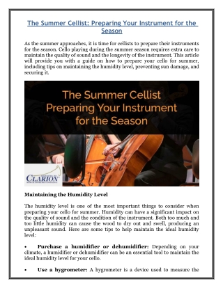 The Summer Cellist - Preparing Your Instrument for the Season