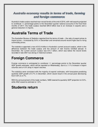 Australia economy results in terms of trade, farming and foreign commerce