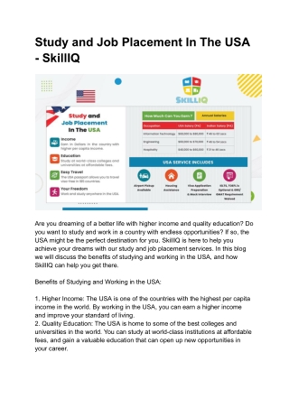 Study and Job Placement In The USA - SkillIQ