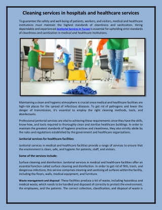 Services for healthcare facilities and hospitals cleaning