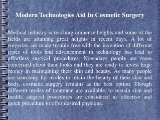 Modern Technologies Aid In Cosmetic Surgery