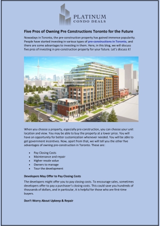 Five Pros of Owning Pre Constructions Toronto for the Future
