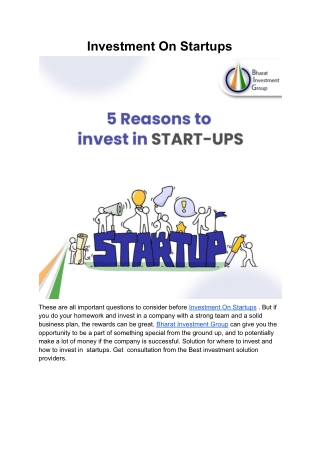 Investment On Startups| Bharat Investment Group