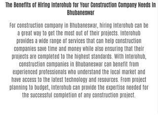 The Benefits of Hiring Interohub for Your Construction Company Needs In Bhubaneswar