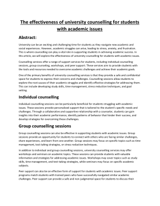 The Effectiveness Of University Counselling For Students With Academic Issues