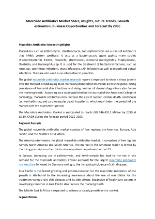 Macrolide Antibiotics Market Share, Insights, Future Trends, Growth estimation