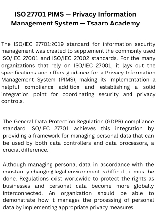 ISO 27701 PIMS — Privacy Information Management System — Tsaaro Academy