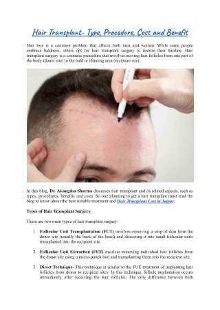 Hair Transplant- Type, Procedure, Cost and Benefit