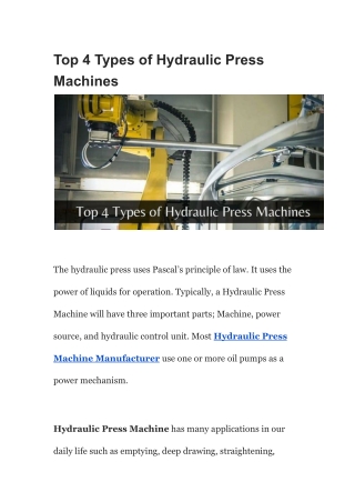 Top 4 Types of Hydraulic Press Machines