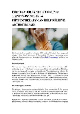 FRUSTRATED BY YOUR CHRONIC JOINT PAIN SEE HOW PHYSIOTHERAPY CAN HELP RELIEVE ARTHRITIS PAIN