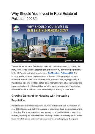 Best Investment in Real Estate of Pakistan 2023