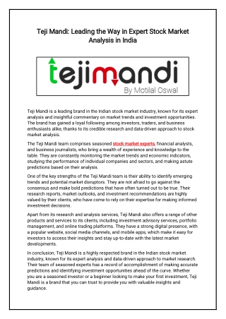 Teji Mandi Leading the Way in Expert Stock Market Analysis in India