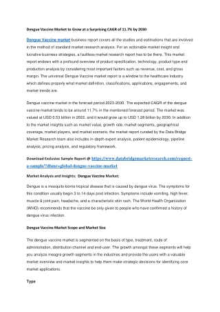 Dengue Vaccine Market to Grow at a Surprising CAGR of 11.7 by 2030