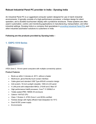 Robust Industrial Panel PC provider in India - Dynalog India