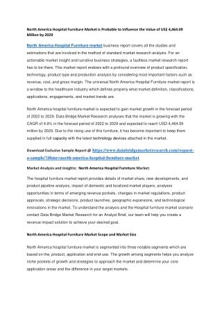 North America Hospital Furniture Market is Probable to Influence the Value of US 4,464.09 Million by 2029