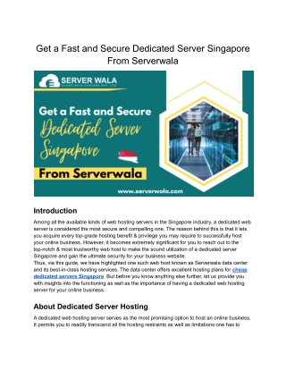 Get a Fast and Secure Dedicated Server Singapore From Serverwala