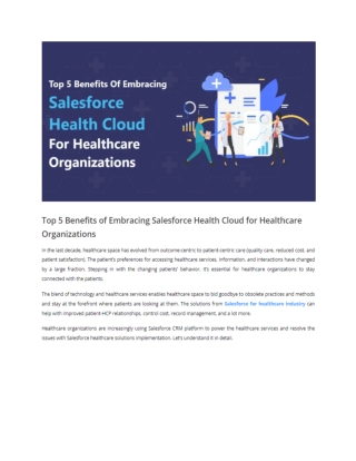 Top 5 Benefits of Embracing Salesforce Health Cloud for Healthcare Organizations