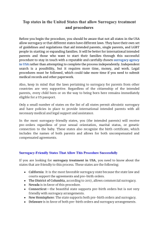 Top states in the United States that allow Surrogacy treatment and procedures