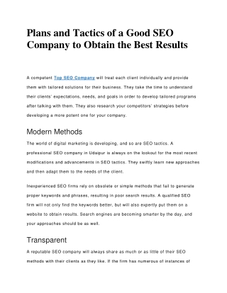 Plans and Tactics of a Good SEO Company to Obtain the Best Results