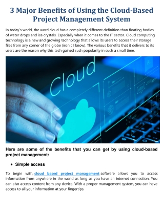3 Major Benefits of Using the Cloud-Based Project Management System!