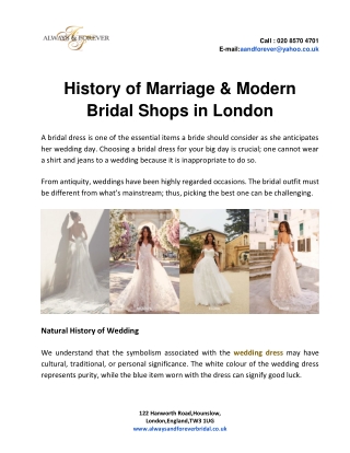 History of Marriage & Modern Bridal Shops in London