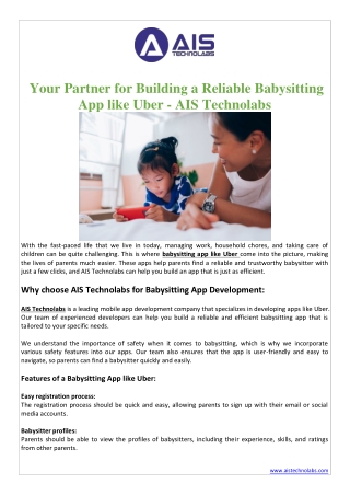 Your Partner for Building a Reliable Babysitting App like Uber - AIS Technolabs