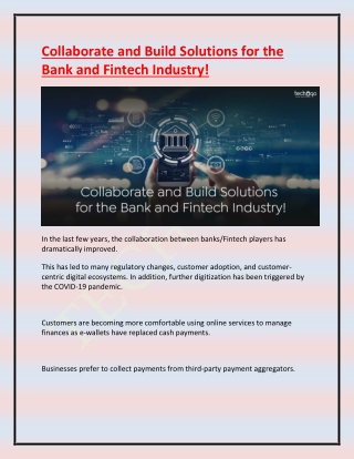 Collaborate and Build Solutions for the Bank and Fintech Industry