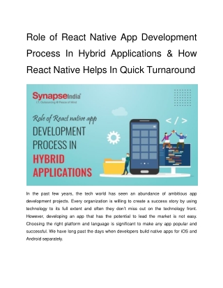 Role of React Native App Development Process In Hybrid Applications  How React Native Helps In Quick Turnaround.