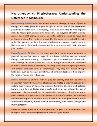 Hydrotherapy vs Physiotherapy Understanding the Difference in Melbourne