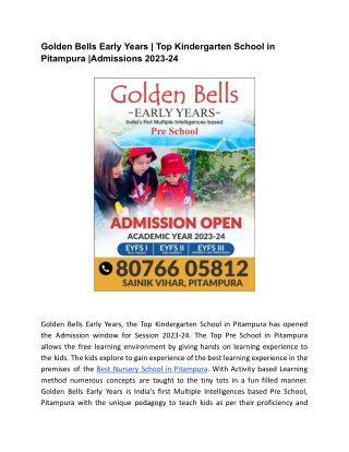 Golden Bells Early Years _ Top Kindergarten School in Pitampura _Admissions 2023-24