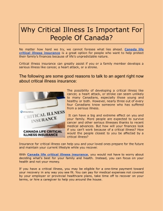 Why Critical Illness Is Important For People Of Canada?