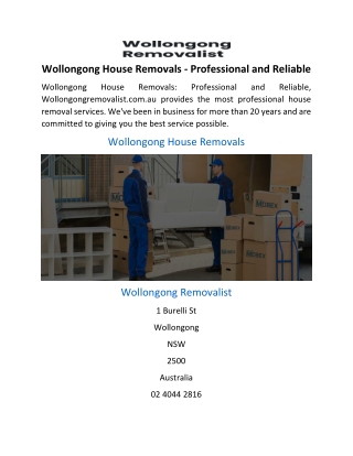 Wollongong House Removals - Professional and Reliable