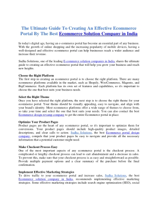 The Ultimate Guide To Creating An Effective Ecommerce Portal By The Best Ecommerce Solution Company in India