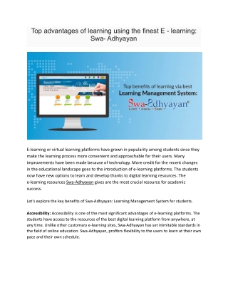 Top advantages of learning using the finest E - learning: Swa- Adhyayan
