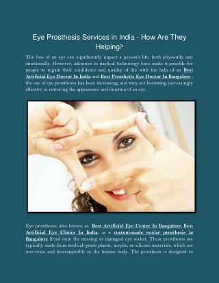 Eye Prosthesis Services in India - How Are They Helping